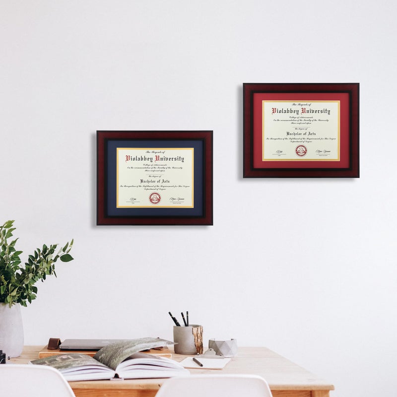 VIOLABBEY 11x14 Diploma Frame with Double Mat for 8.5x11 Documents&Certificates, Smooth Cherry Wood Grain Finish, Wall Mounting&Tabletop Display, Tempered Glass, Red Mat with Gold Rim - Image 3